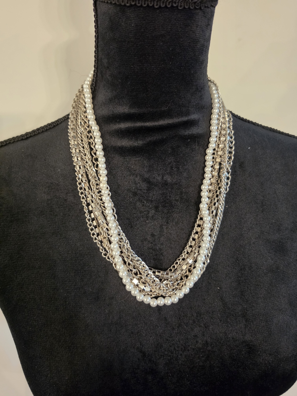 Multi-Strand Silver Chain and White Pearl Necklace